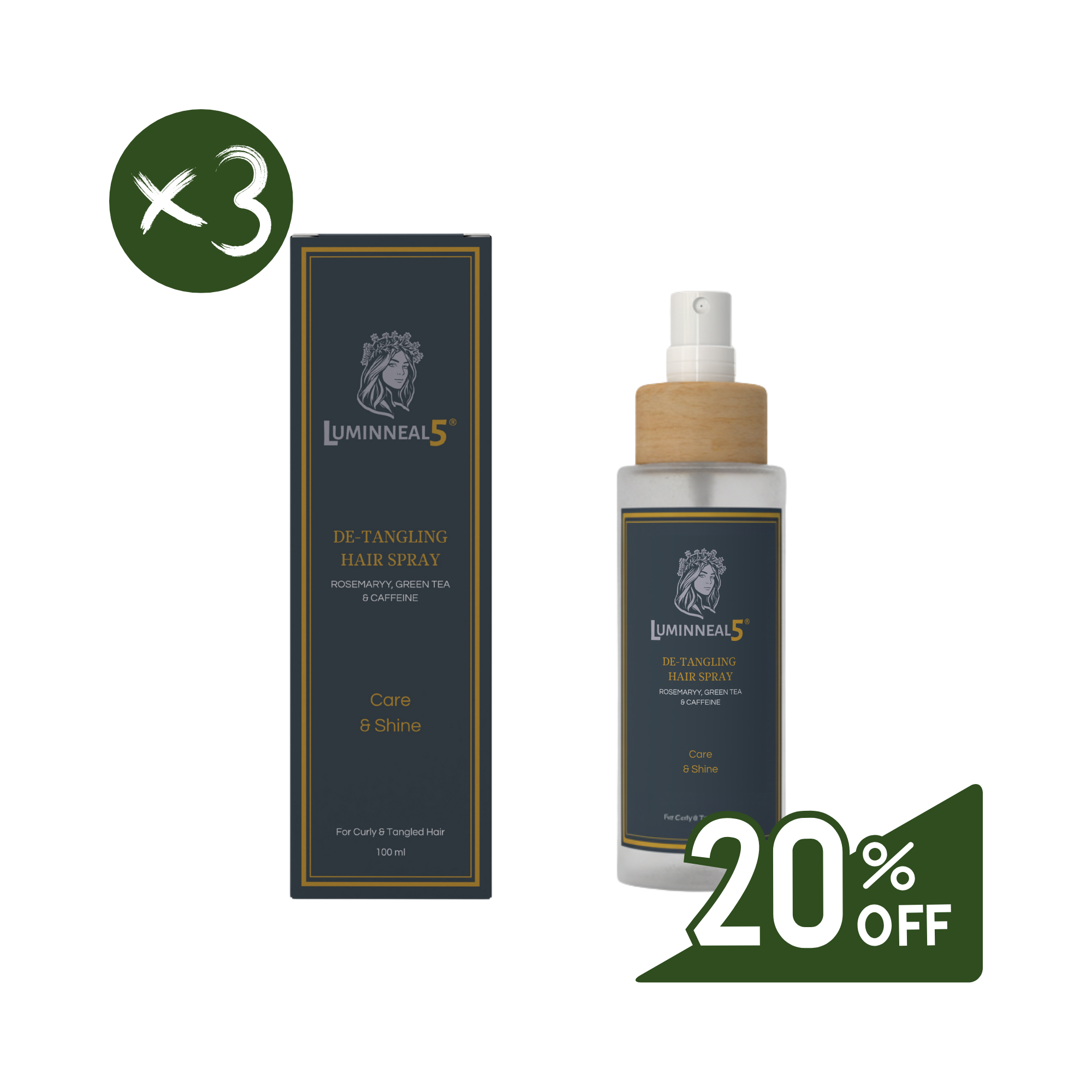 Lumineal5 de-tangling hair spray with packaging on a white background