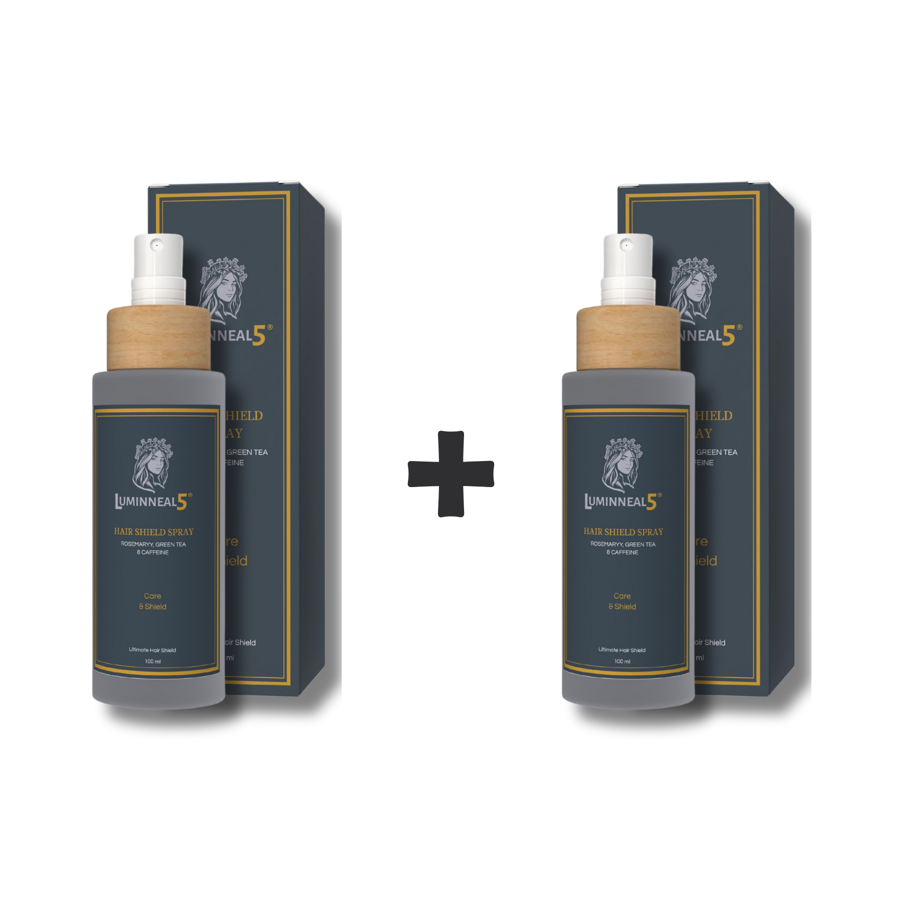 Two bottles of Lumineal5 hair growth (hair shield) spray with packaging on a white background 