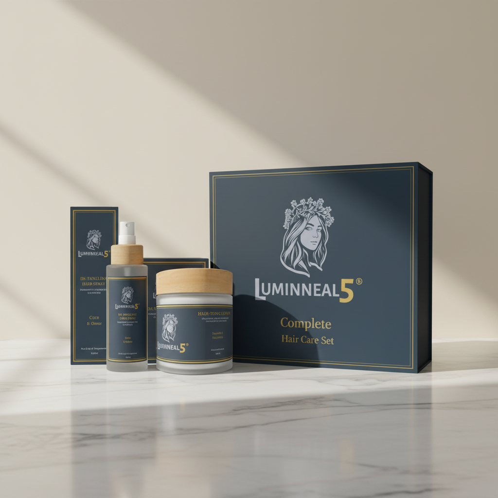 Luminneal5 curly and knotted hair care set with bottles and a box on a neutral background