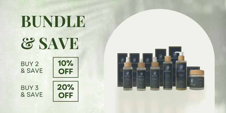 Cosmetic products displayed on a white arch with promotional text for bundle savings.