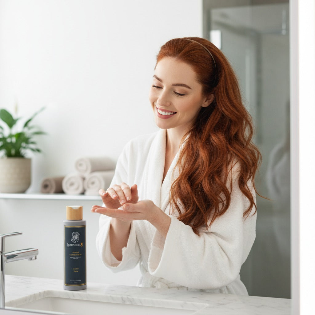 Woman applying Luminneal5 Hydro Conditioner in a bathroom setting with a bottle of lotion on the counter.