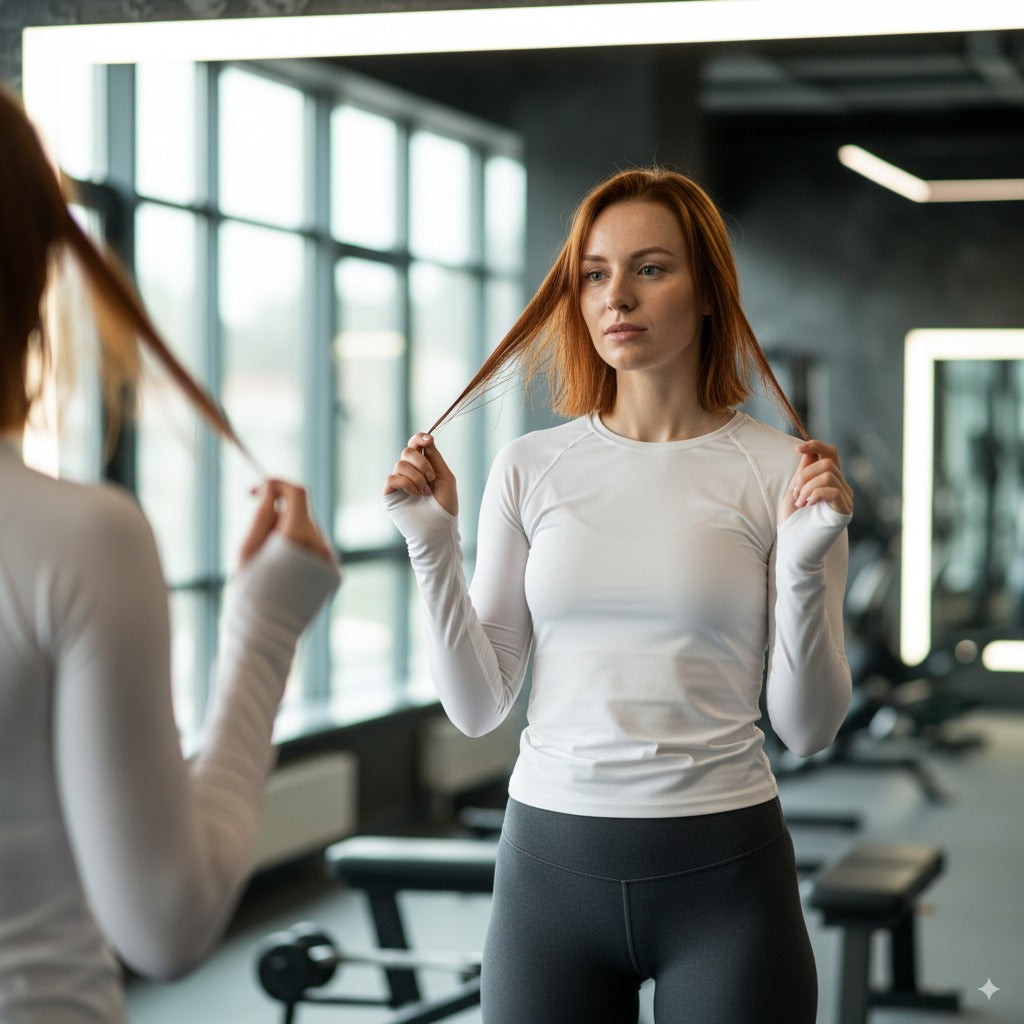 Woman in a gym adjusting her hair in front of a mirror.