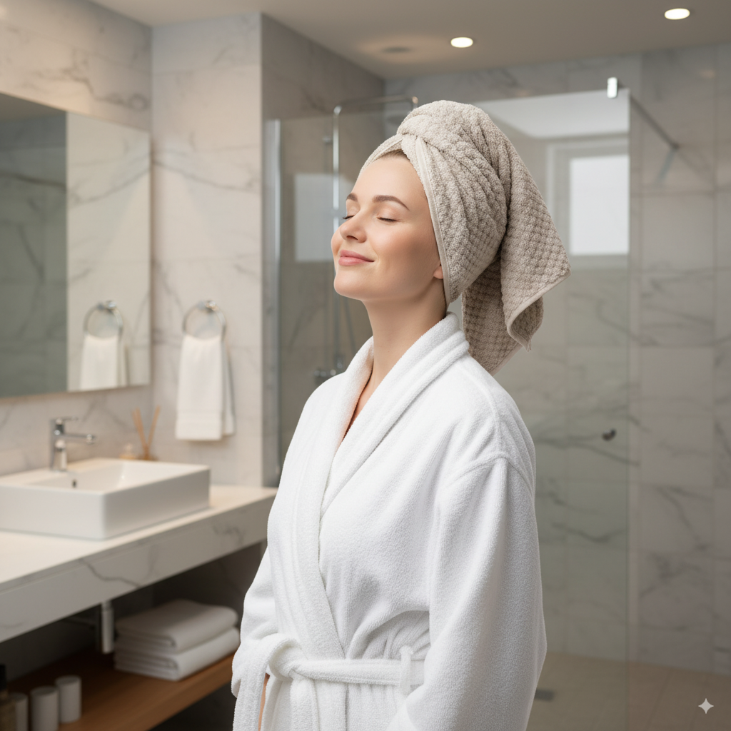 Woman in a white robe with a Lumineal5 towel on her head in a bathroom.