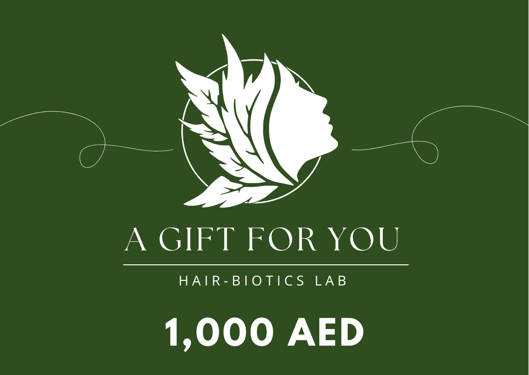 Gift certificate for Hair-Biotics Lab on a green background with a logo of a face and feathers. 1000 AED - HBL Gift Card product_type vpwvuf-su.myshopify.com 1000 AED - HBL Gift Card  vpwvuf-su.myshopify.com