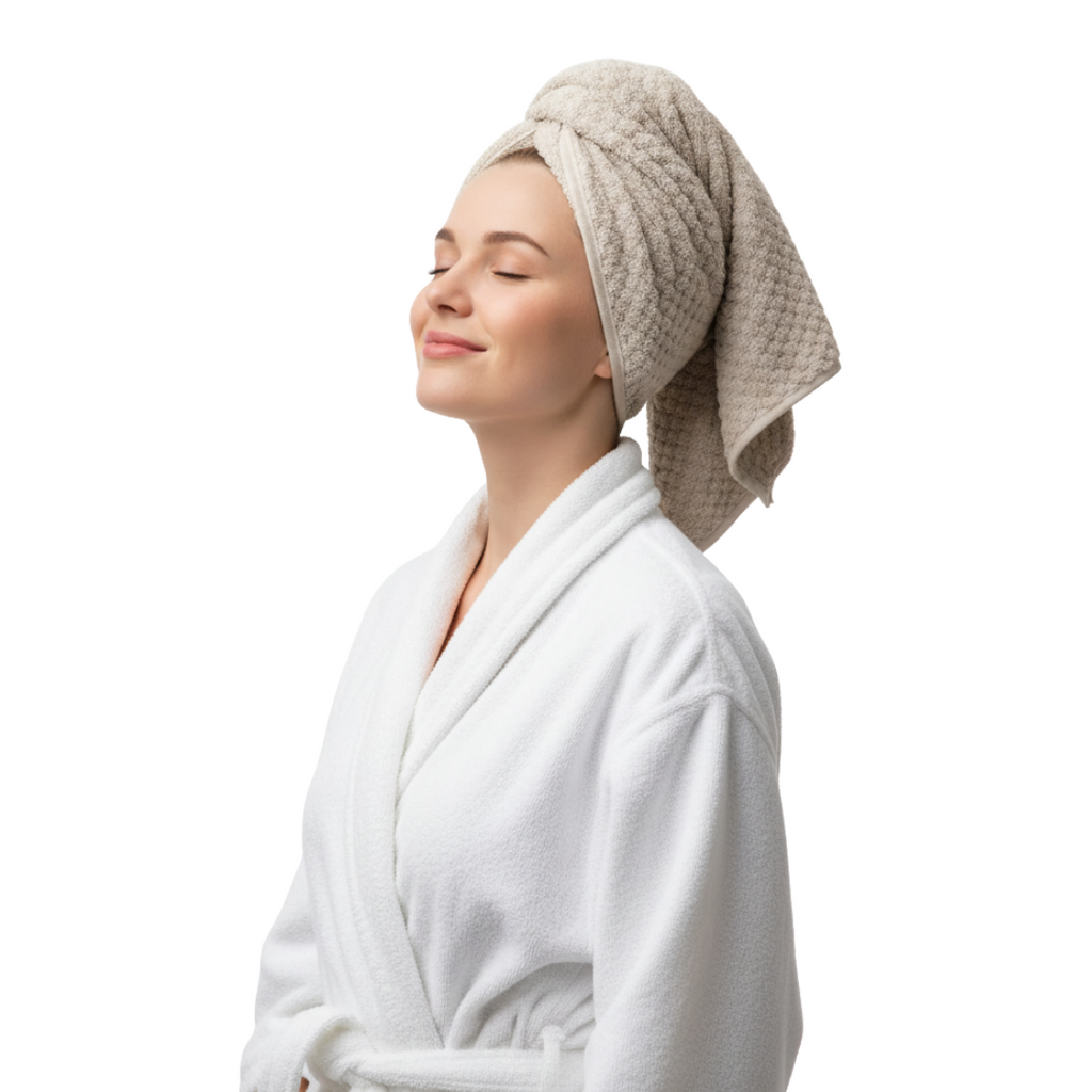 Woman wearing a white robe and beige towel wrapped around her head on a white background (Luminneal5 Hair Towel)