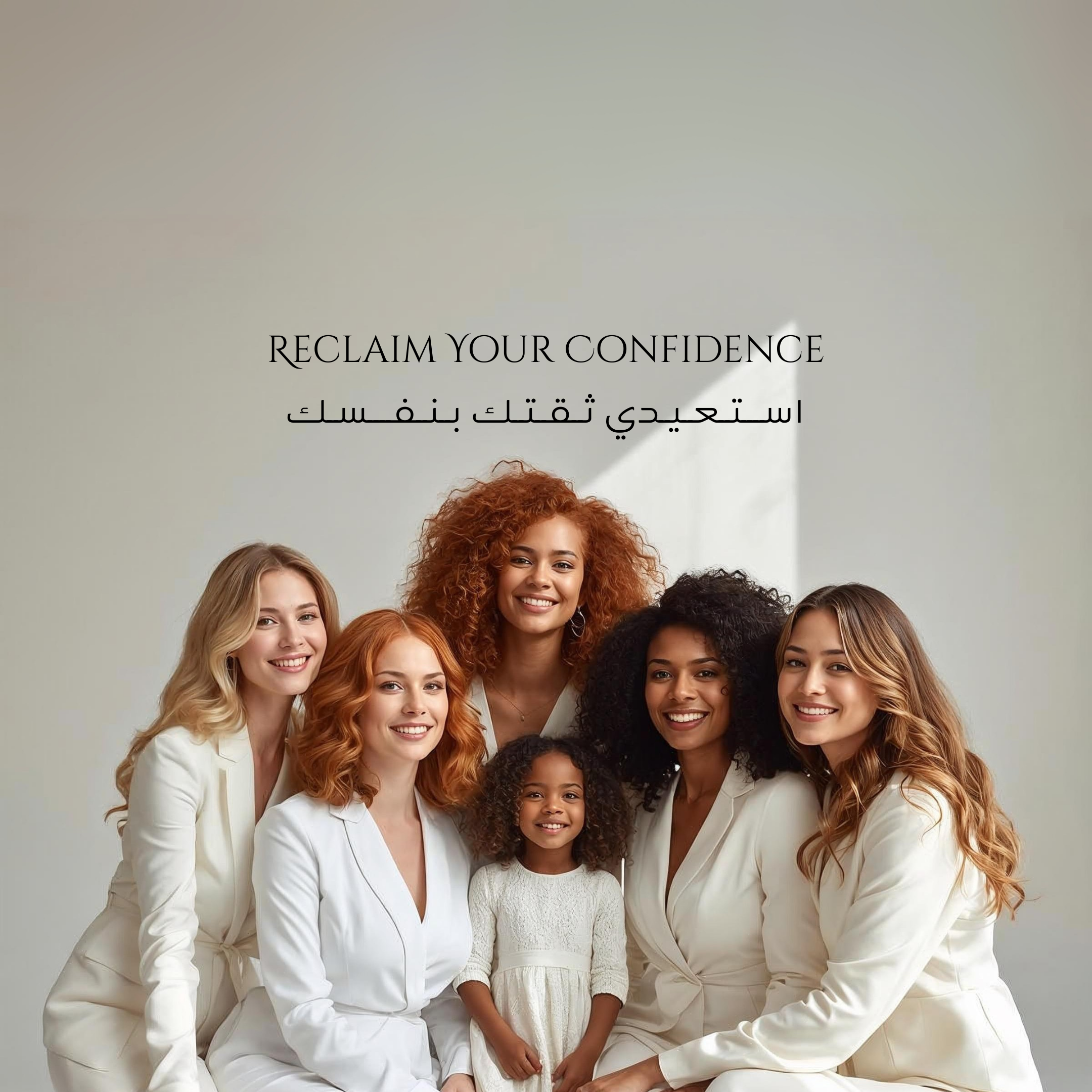 Five women in white outfits posing together with text 'Reclaim Your Confidence' on a plain background