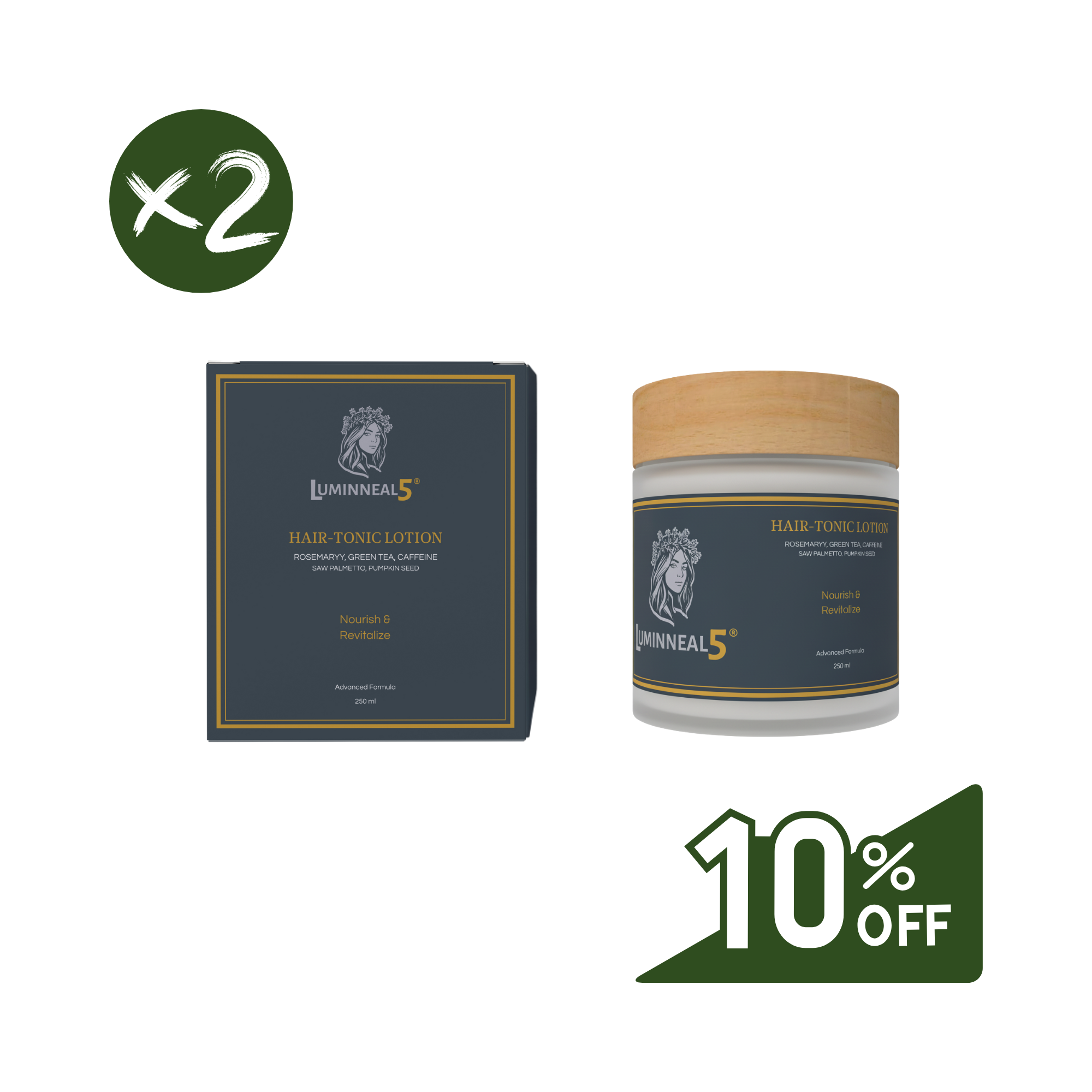 Lumineal5 hair tonic lotion packaging with a discount offer on a white background