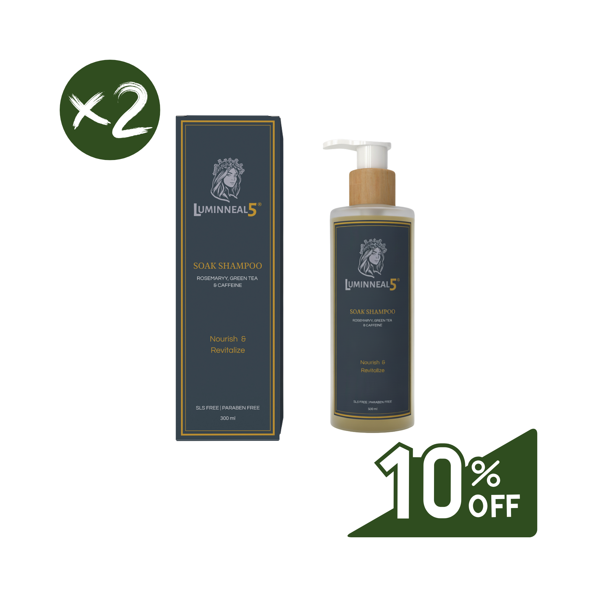 Lumineneal5 soak shampoo bottle and box with a 10% off discount on a white background