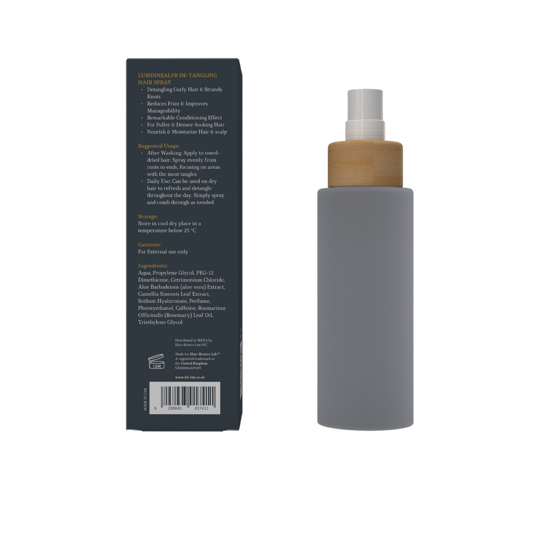 Luminneal5 detangling hair spray bottle with wooden cap and black label on a white background