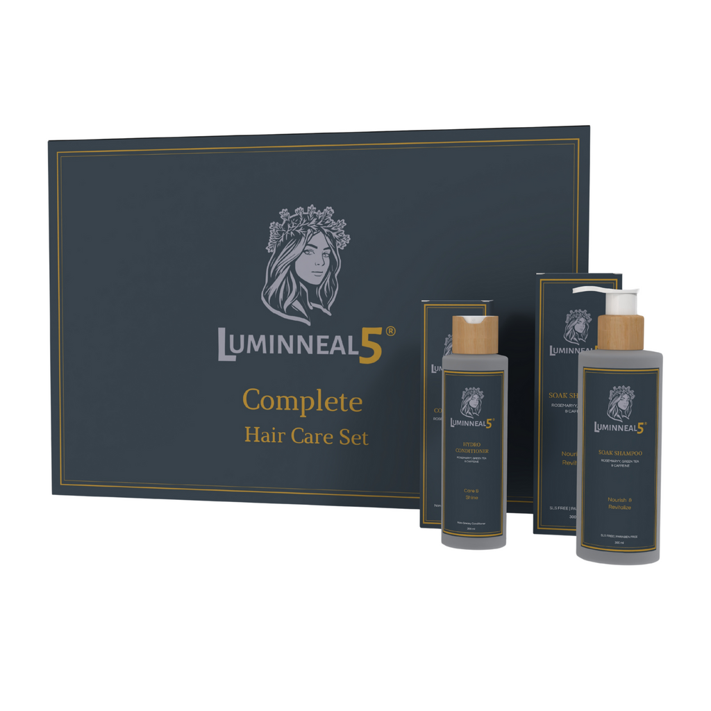 Luminneal5 Complete Hair Care Set with packaging and bottles on a white background (Hair Shine Set)
