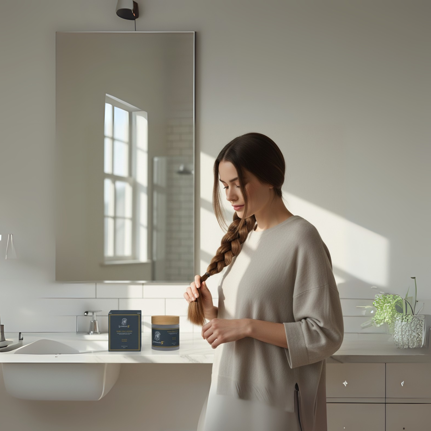 Woman in a bathroom braiding her hair with a jar of Luminneal5 Hair tonic Lotion on the counter.