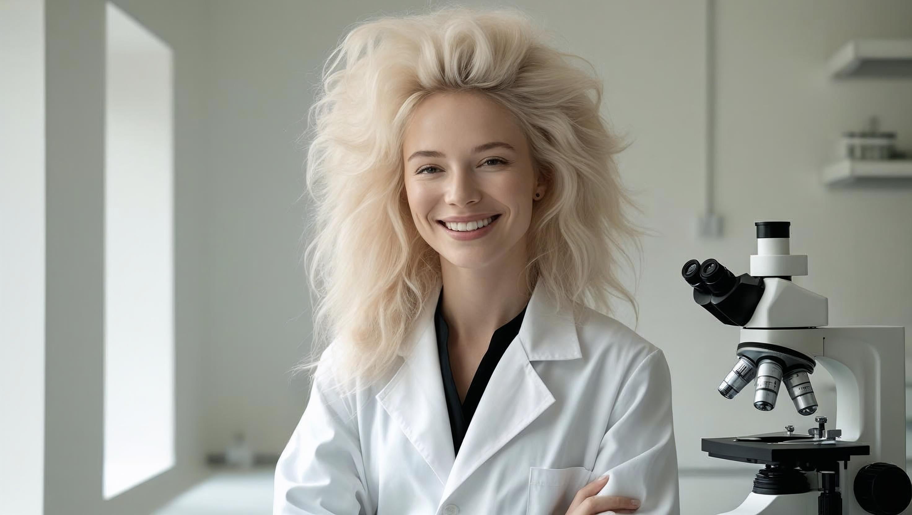 Person in a lab coat standing next to a microscope in a laboratory setting
